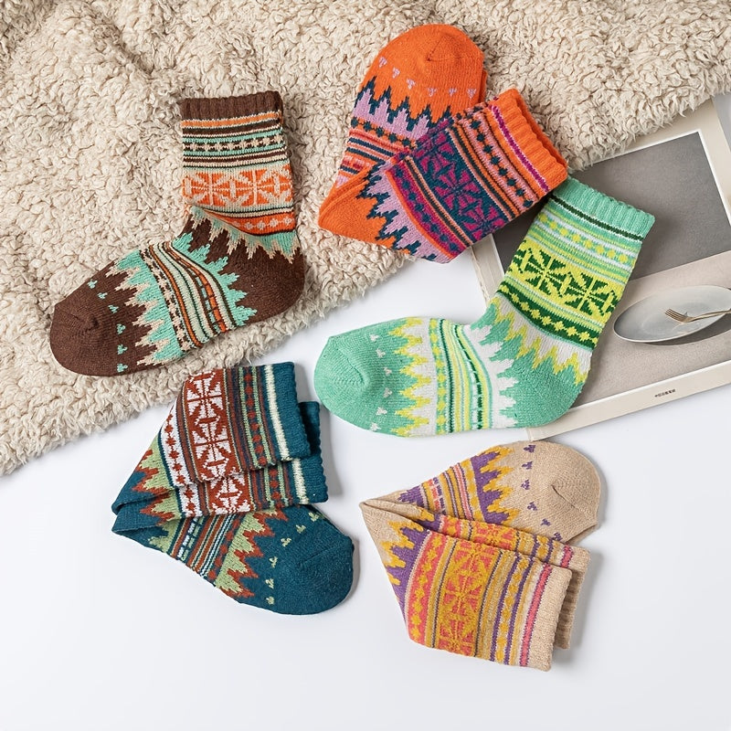 5 Pairs Women's Thick Warm Ethnic Wool Socks Curry Stripes