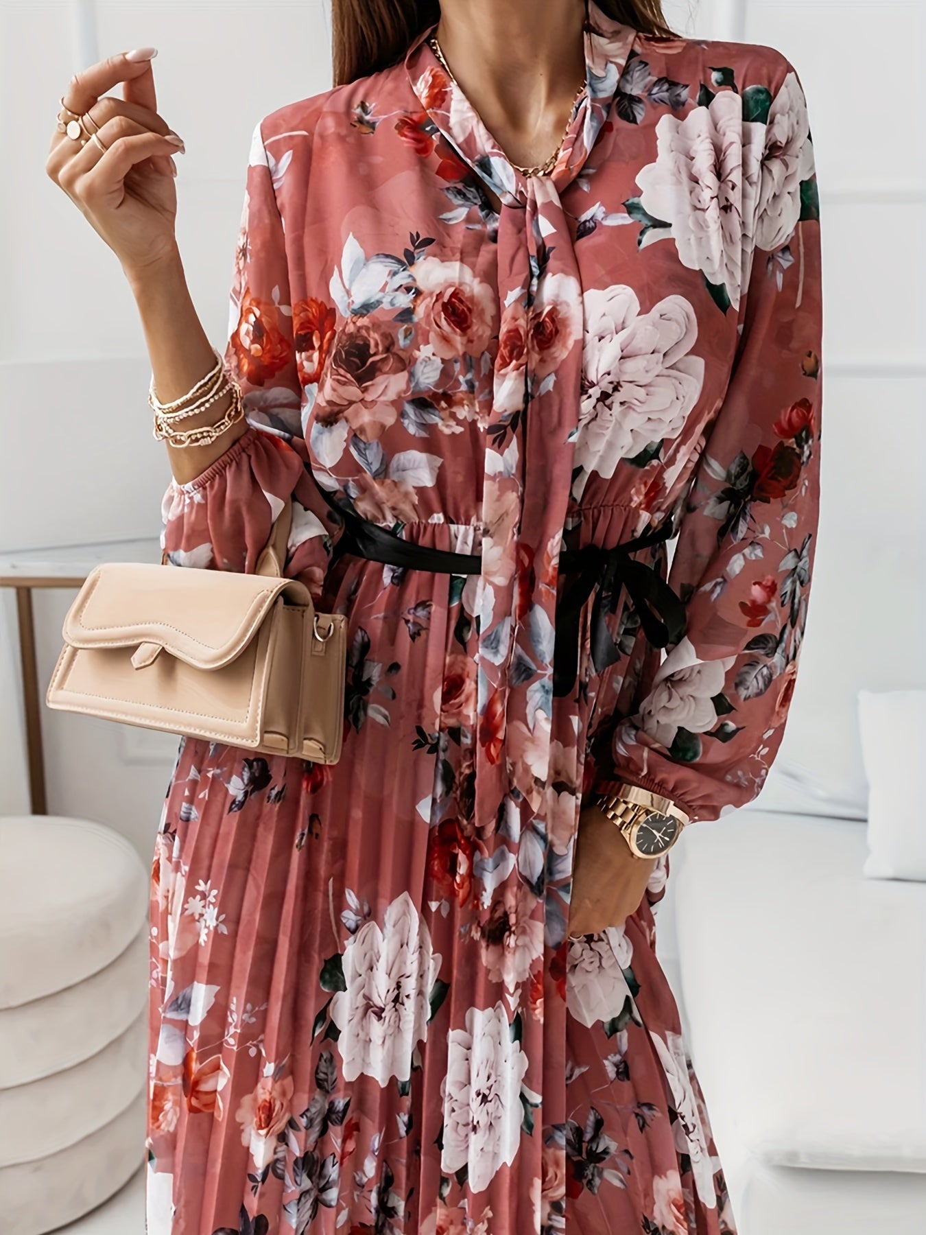 Floral Print Pleated Dress Tie Neck Long Sleeve Women's Clothing