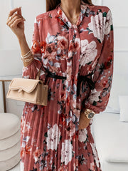 Floral Print Pleated Dress Tie Neck Long Sleeve Women's Clothing