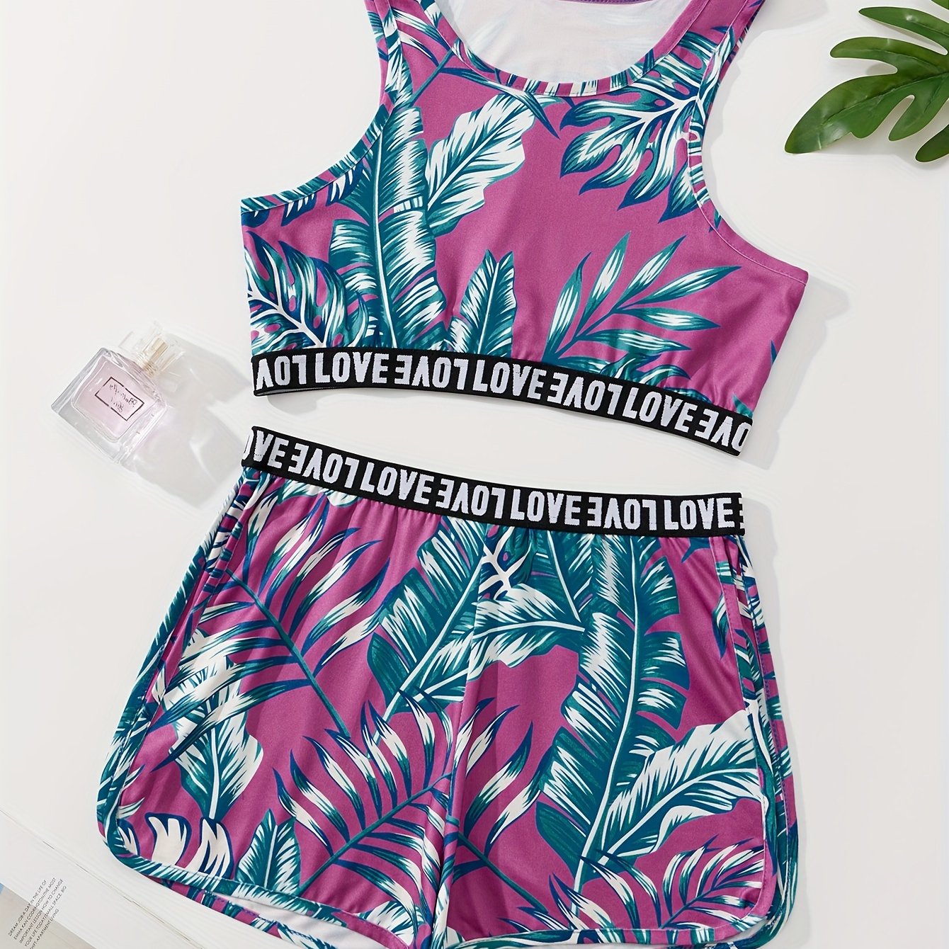 Leaf Print Pajamas Set Sleeveless Tank Top & Shorts PJ Set