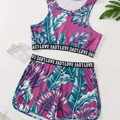 Leaf Print Pajamas Set Sleeveless Tank Top & Shorts PJ Set