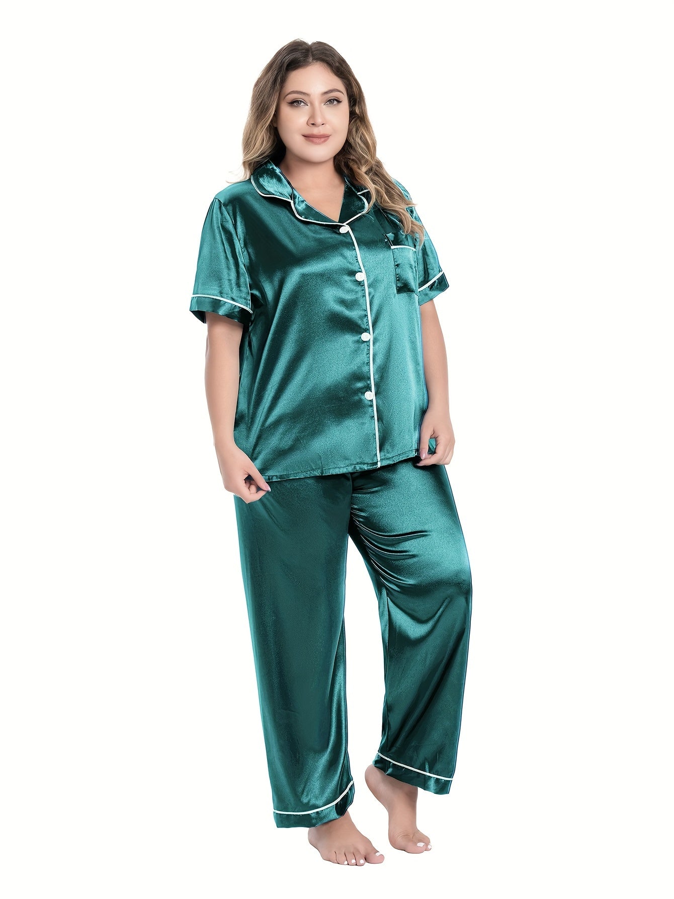 Satin Pajama Set Short Sleeve Button Up Shirt & Pants 2 Piece