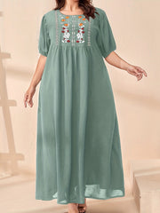 Floral Embroidery Bubble Sleeve Maxi Dress
