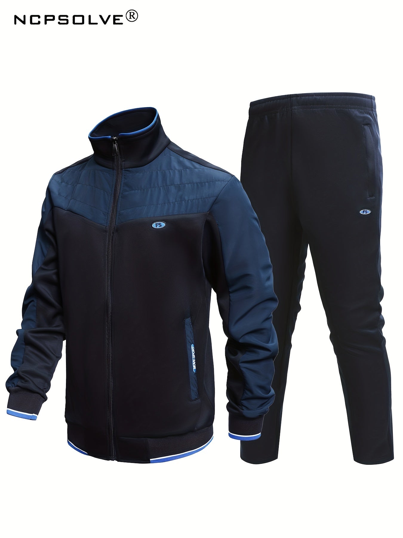 Men's Sports Suit Classic Stand Collar Jacket & Stretch Waist Pants