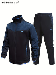 Men's Sports Suit Classic Stand Collar Jacket & Stretch Waist Pants