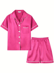 Girls Pajamas Set V Neck Button Short Sleeve Top & Shorts Kids Summer Outfit