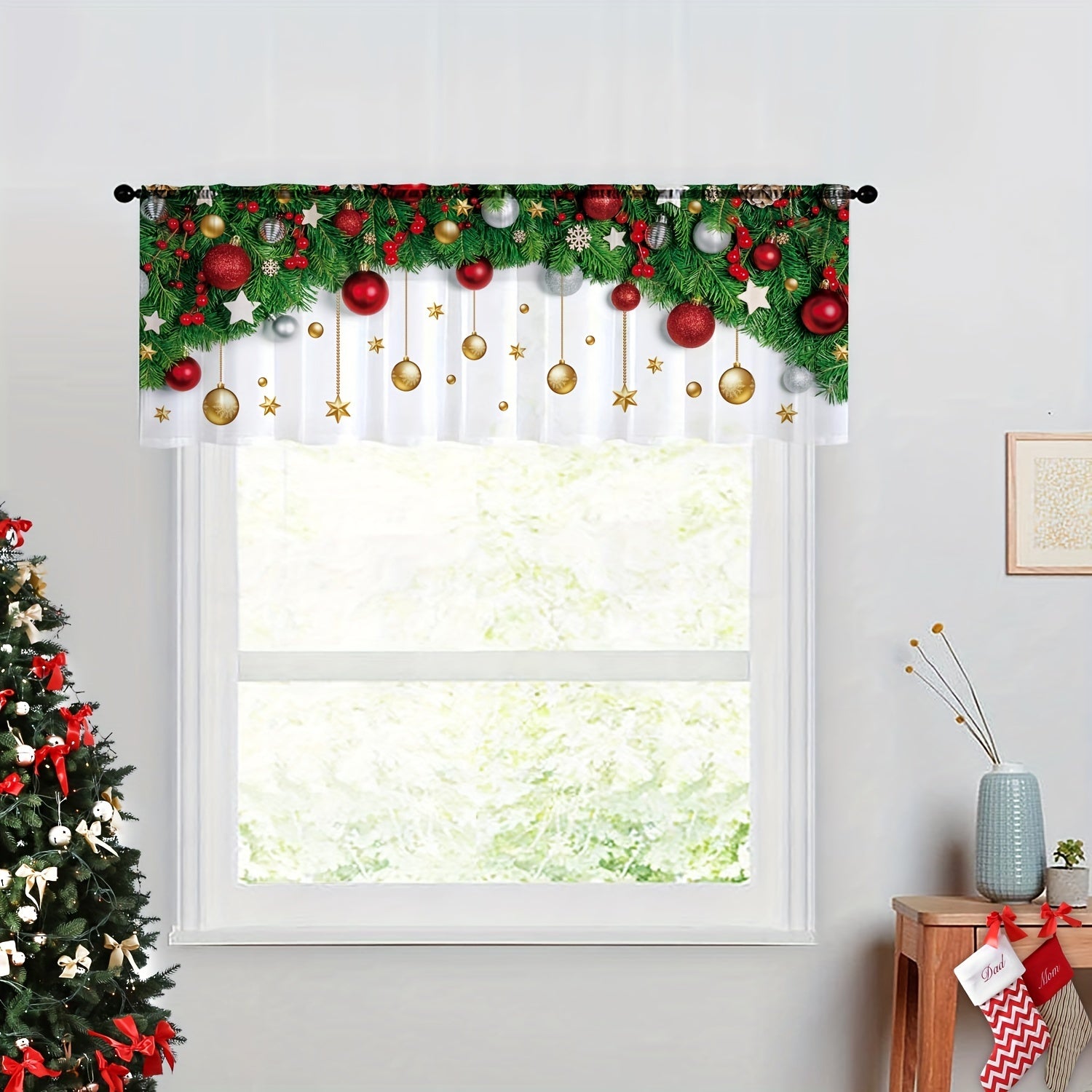 Golden Christmas Ball Printed Kitchen Curtain