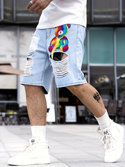 Colorful Toy Bear Pattern Ripped Denim Shorts Men's Casual Street Style Dist