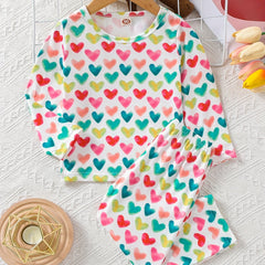 Girl's 2pcs Heart Print Pajama Set Long Sleeve Top & Pants