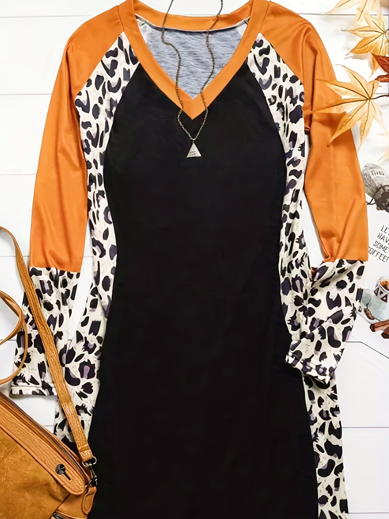 Leopard Print Splicing Dress V Neck Long Sleeve