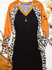 Leopard Print Splicing Dress V Neck Long Sleeve