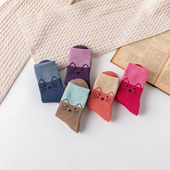 5 Pairs Winter Thick & Warm Kitty Cartoon Crew Length Socks