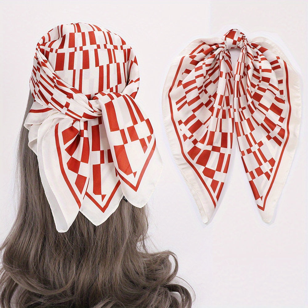 Geometric Plaid Print Satin Square Scarf Bandana Women Head Scarf