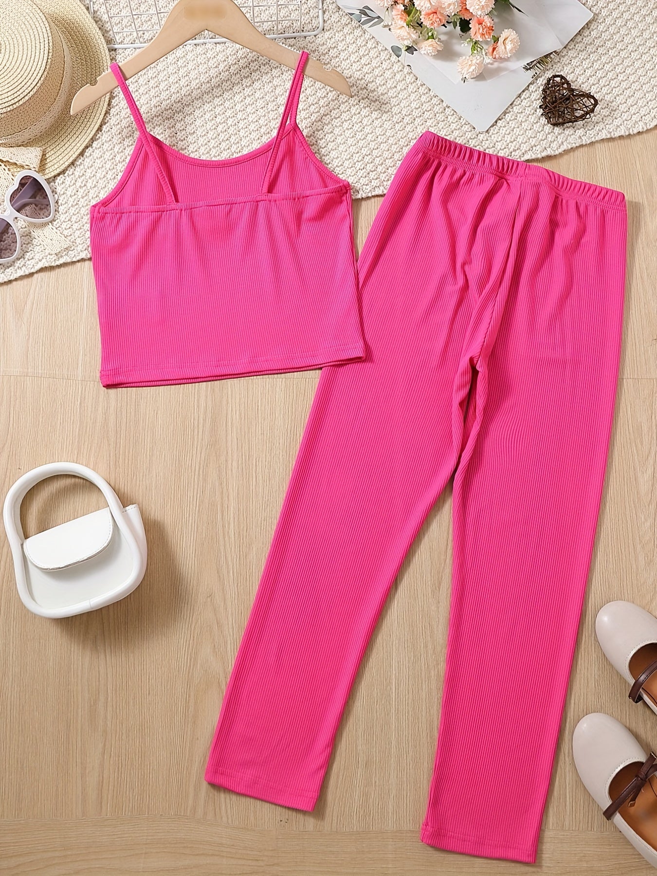 2pcs Girls Skinny Ribbed Cami Vest Top & Casual Trousers Summer Kids Clothes