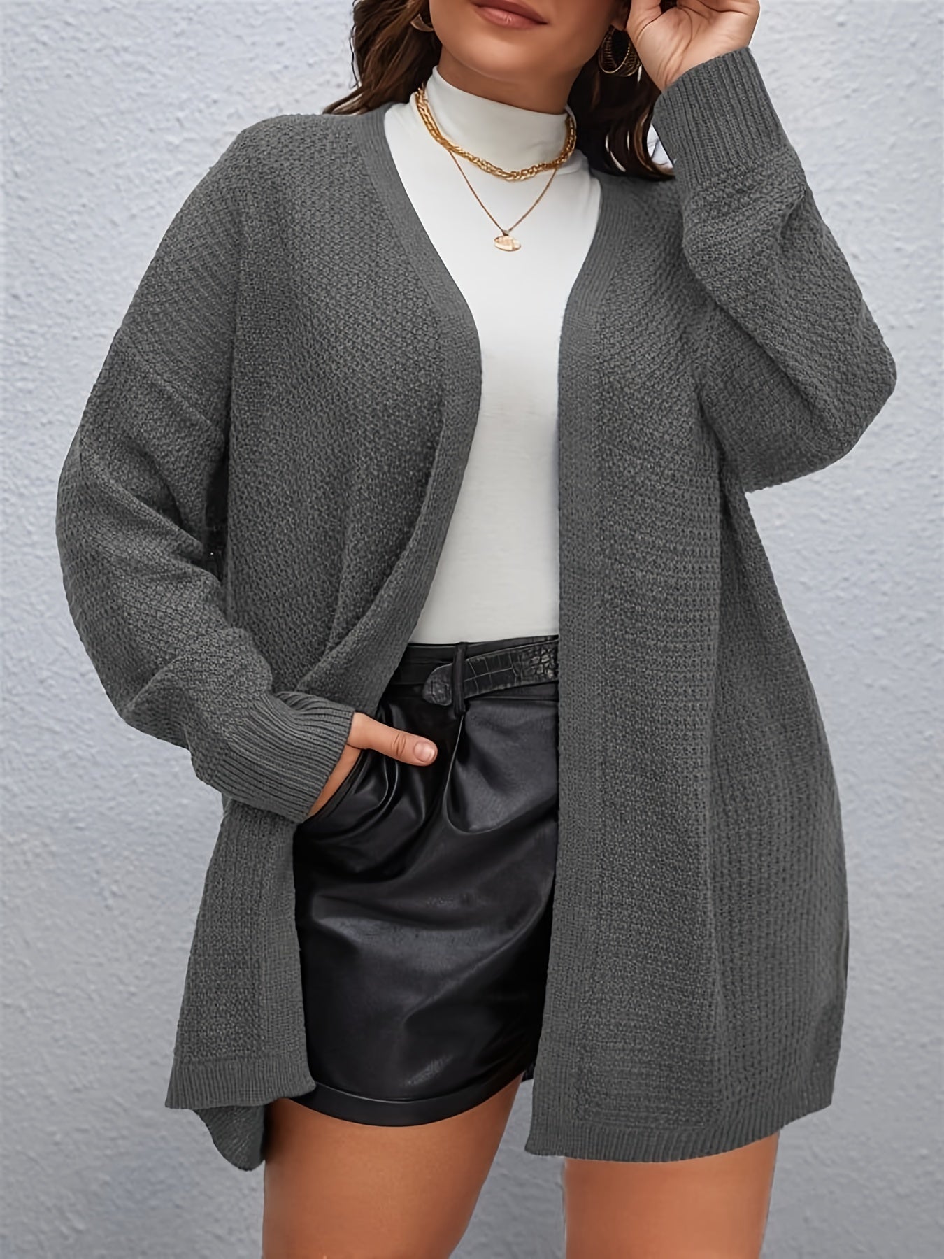 Solid Knit Long Cardigan Women's Plus High Stretch Casual Knitwear