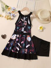 Girls Creative Doodle Halter Dress Swimsuit & Shorts Set