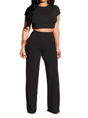 Solid 2pc Set Crew Neck Crop Tee & High Waist Wide Leg Pants