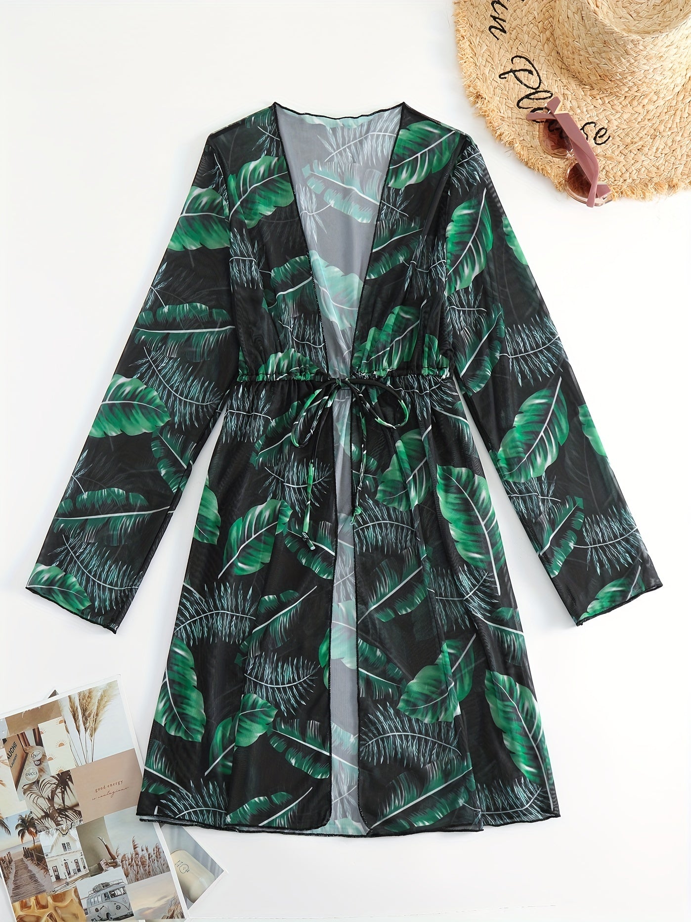 Print Cover Up Shirt Long Sleeves V Neck Drawstring Cover Ups Women's Swimwear