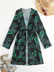 Print Cover Up Shirt Long Sleeves V Neck Drawstring Cover Ups Women's Swimwear