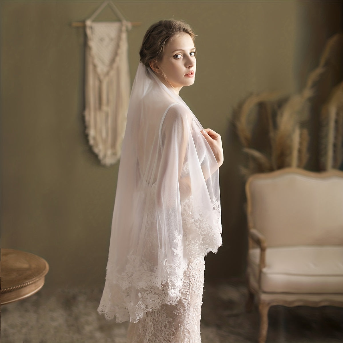 Double Layer Head Veil With Comb Floral Lace Edge Wedding Bridal Hair Accessorie