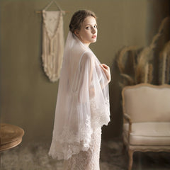 Double Layer Head Veil With Comb Floral Lace Edge Wedding Bridal Hair Accessorie