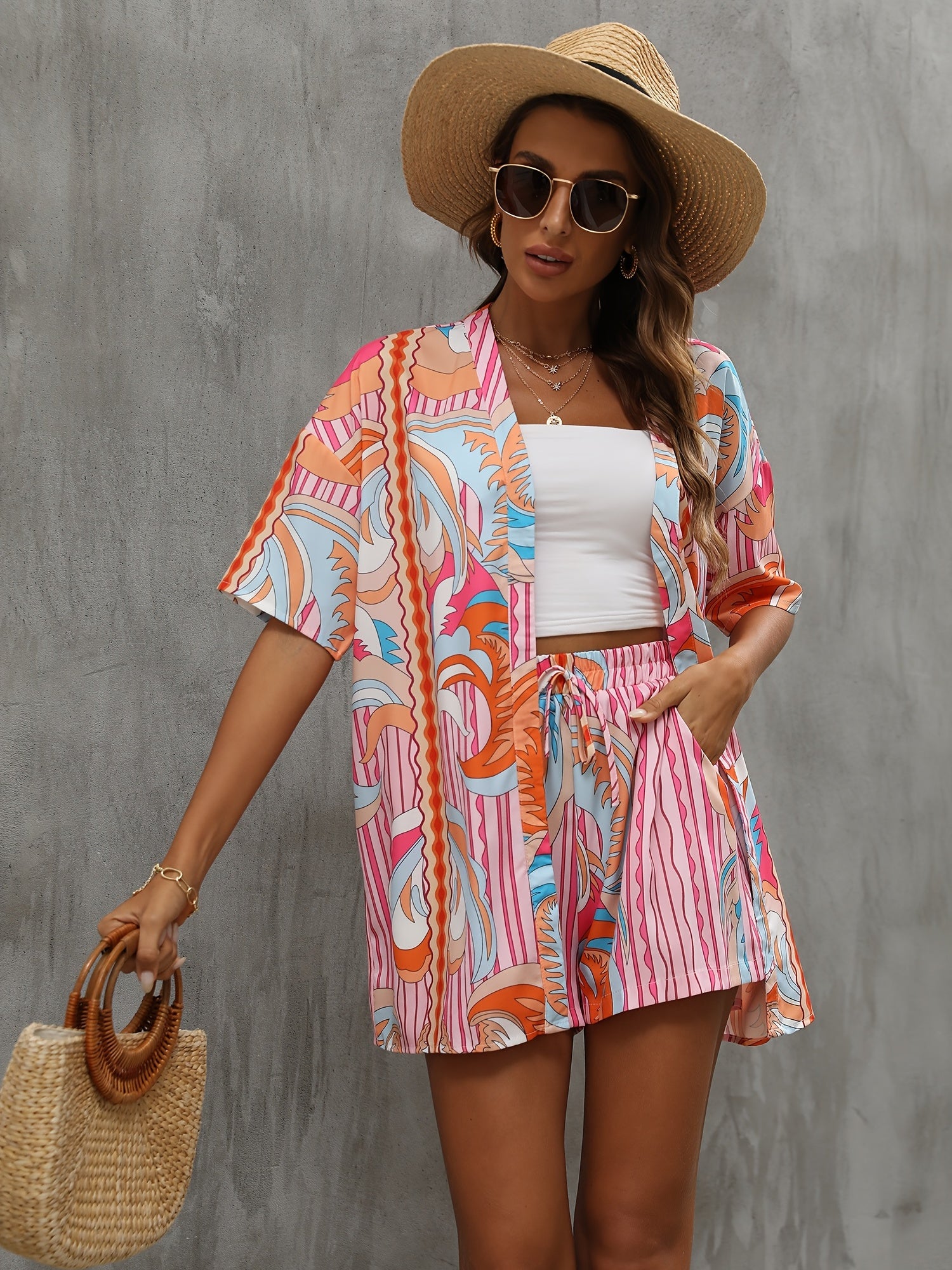 Boho Striped Graphic Print Vacation Two piece Set Blouse & Shorts