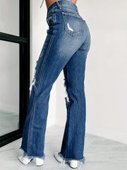 Distressed High Rise Flared Leg Jeans