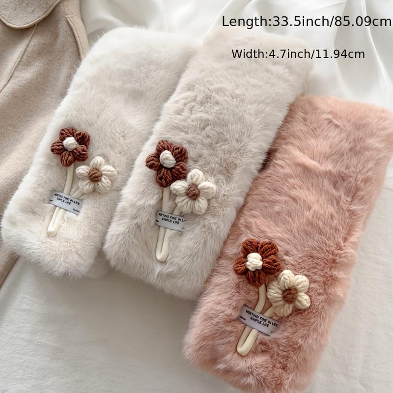 Flower Pendant Faux Rabbit Fur Plush Winter Scarf