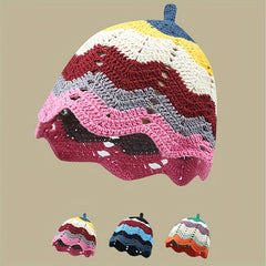 Striped Beanie Y2K Hollow Crochet Cloche Hat Lightweight Knit Skull Cap