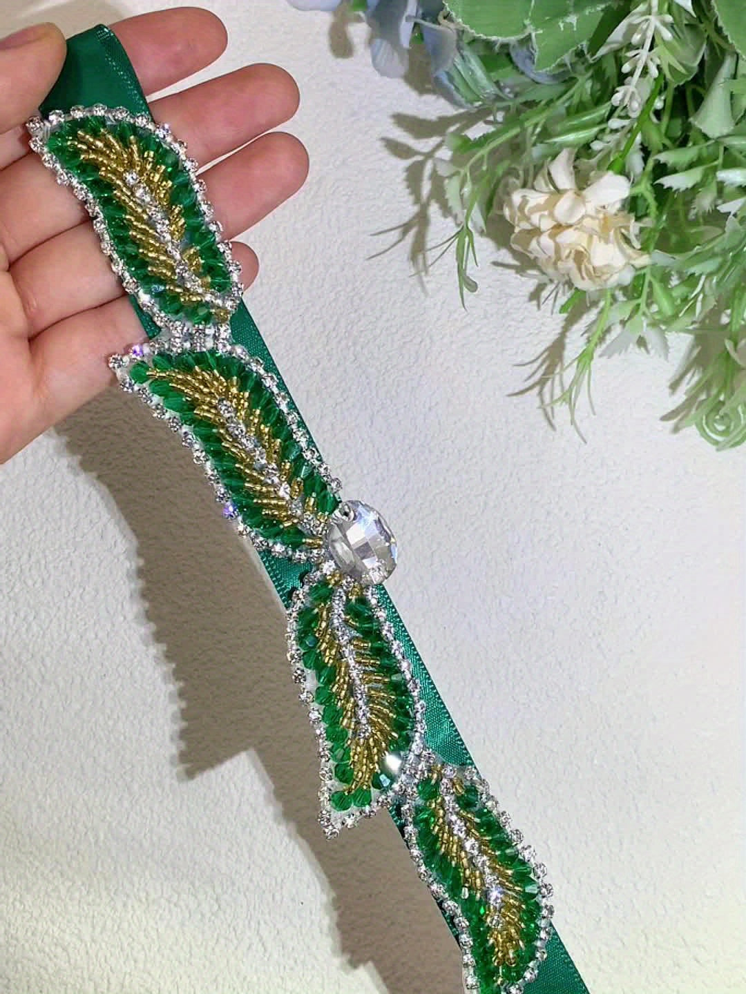 Vintage Rhinestone Belt Hand Sewn Green Crystal Accessories Party Charming Dress