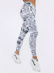 Newspaper Pattern Fitness Gym Leggings High Waist Yoga Workout Running Pants