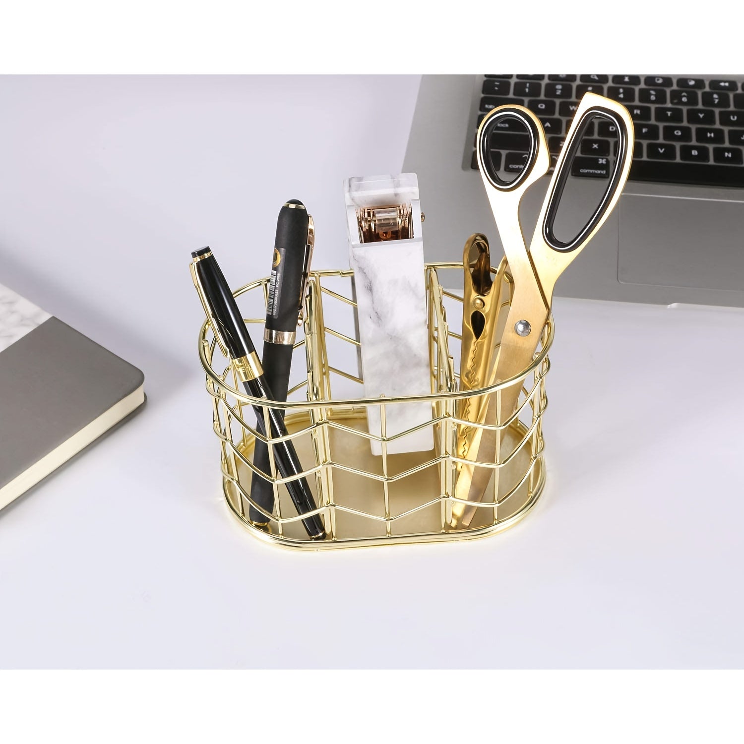 Golden Metal Pencil Holder 3 Compartment Desk Organizer