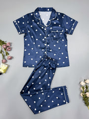 Heart Print Satin Pajama Set Long Sleeve Button Up Top & Elastic Waistband Pants