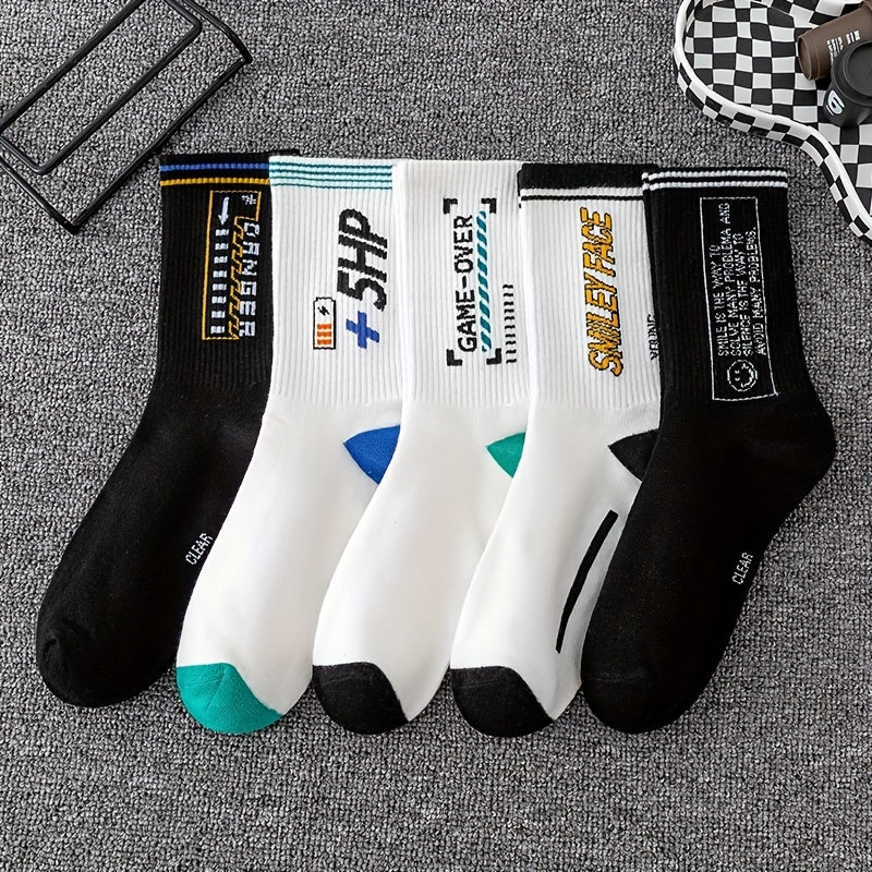 5 Pairs Letter Pattern Print Socks Men's Outdoor Street Stockings