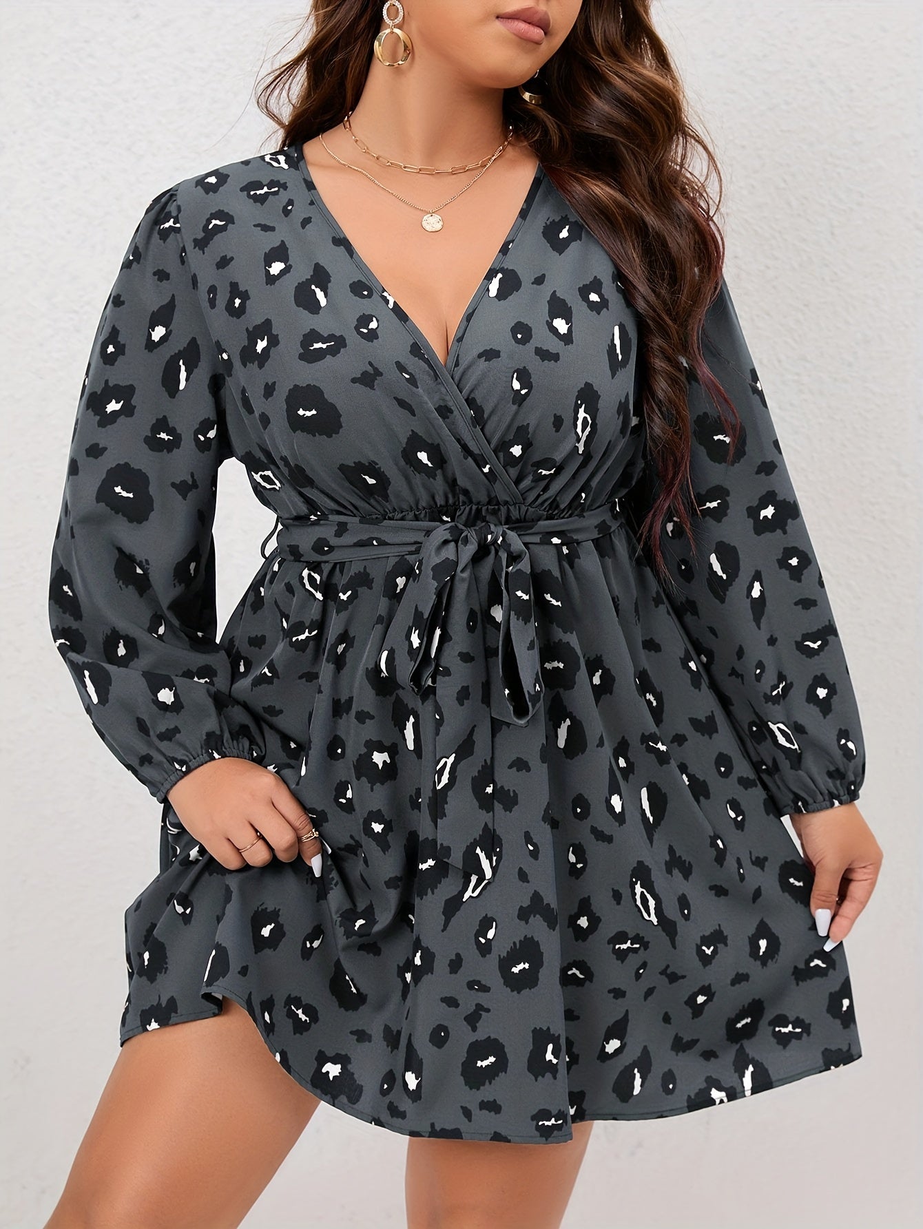 Leopard Print Long Sleeve Mini Dress With Belt
