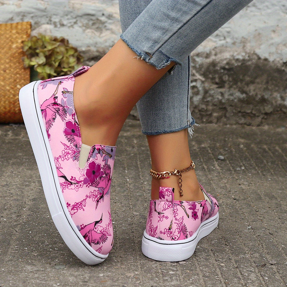 Flamingo Print Pink Flat Wear Resistance Skate Shoes