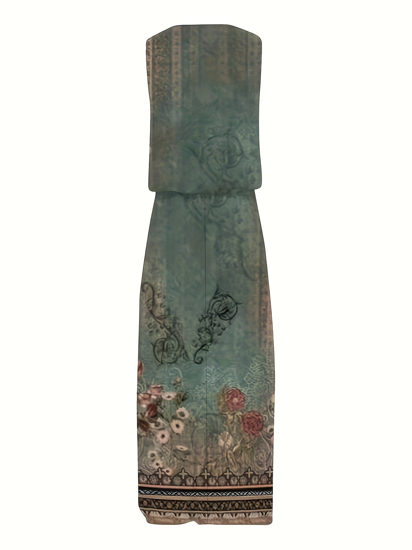 Floral Print Split Dress Vintage Cinched Waist Crew Neck Sleeveless Dress