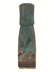 Floral Print Split Dress Vintage Cinched Waist Crew Neck Sleeveless Dress