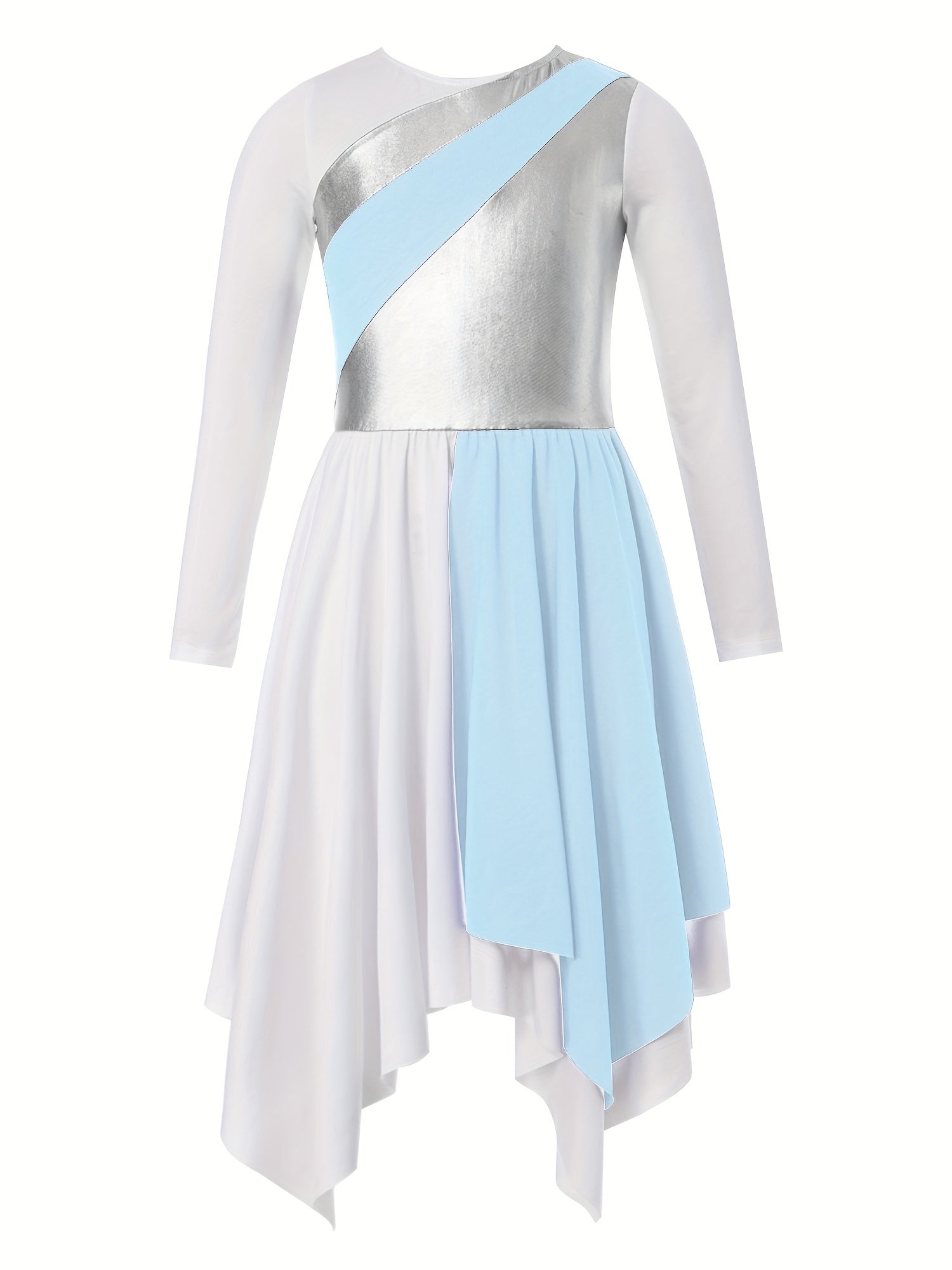 Girls Splicing Crew Neck Long Sleeve Dance Dress