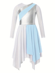 Girls Splicing Crew Neck Long Sleeve Dance Dress
