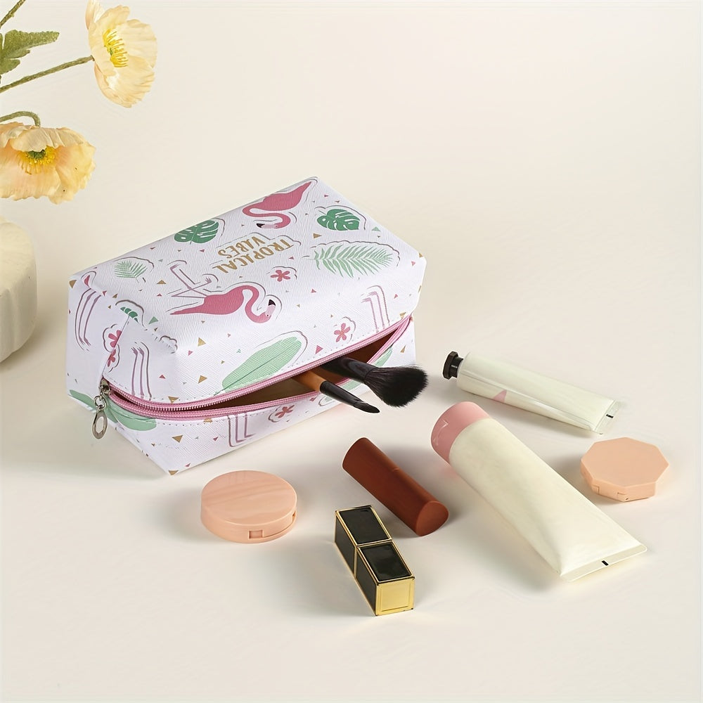 Flamingo Pattern Makeup Bag Roomy Square PU Makeup Pouch Zipper Travel Organizer