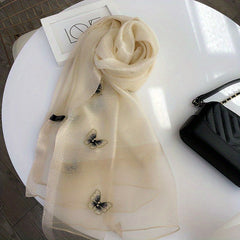 Plaid Pattern Scarf Butterfly & Faux Pearl Decor Shawl Wrap Head Wrap