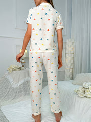 Heart Print Pajama Set Short Sleeve Top & Pants
