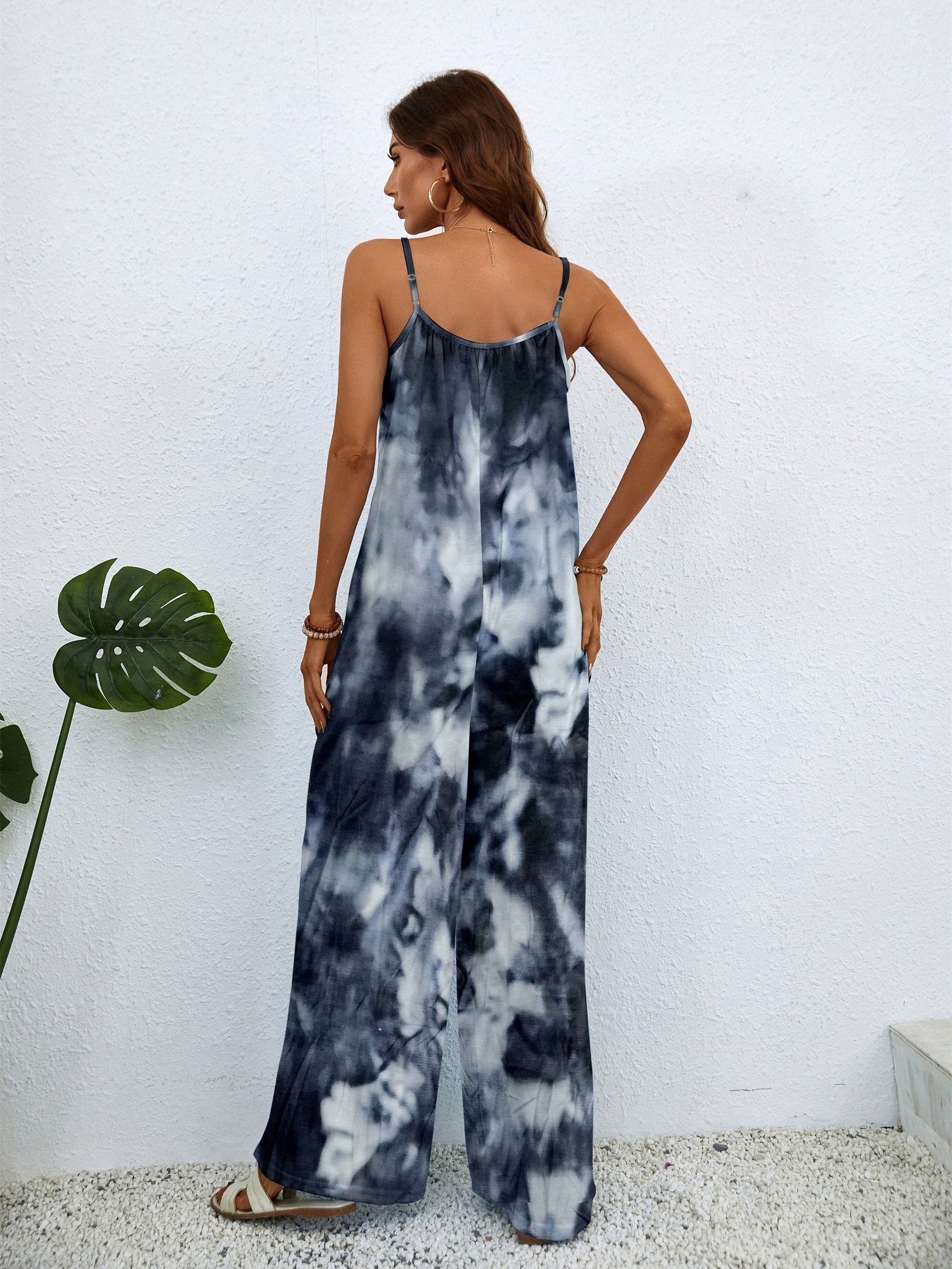Tie Dye Wide Leg Cami Jumpsuit Crew Neck Sleeveless
