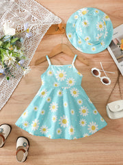 2pcs Baby Girls Daisy Print Suspender Dress Hat Set