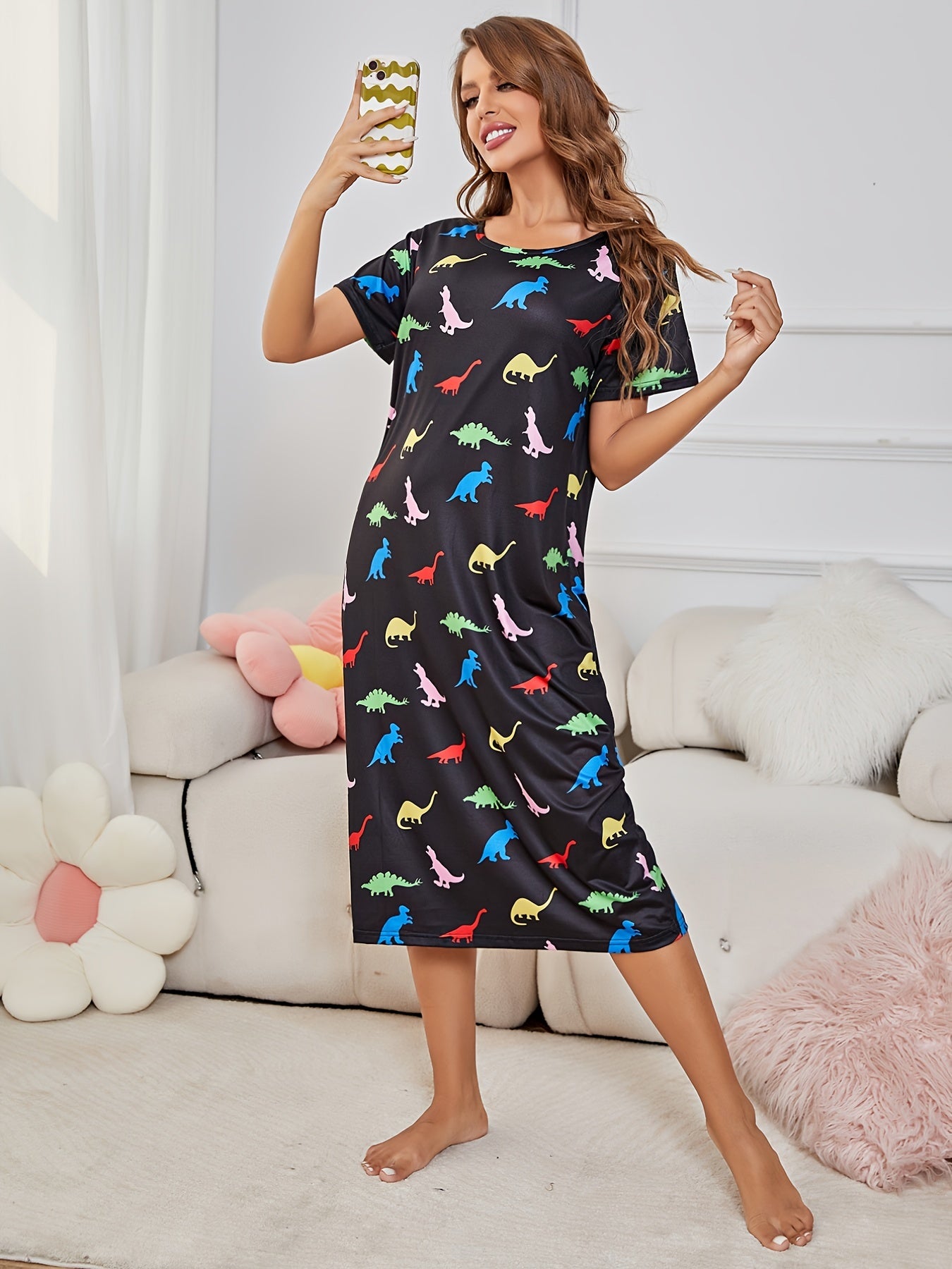Dinosaur Print Nightdress Short Sleeve Sleep Dress Women's Sleepwear