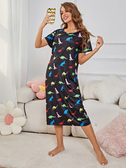 Dinosaur Print Nightdress Short Sleeve Sleep Dress Women's Sleepwear