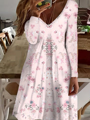 Women's Plus Size Floral Print Long Sleeve V Neck Dress
