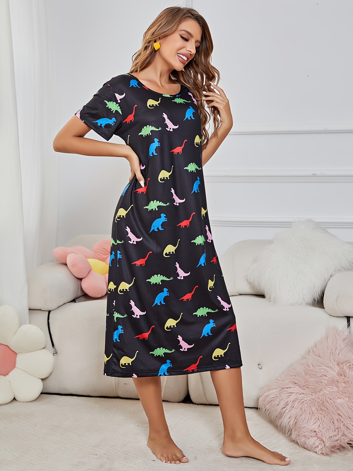 Dinosaur Print Nightdress Short Sleeve Sleep Dress Women's Sleepwear