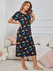 Dinosaur Print Nightdress Short Sleeve Sleep Dress Women's Sleepwear
